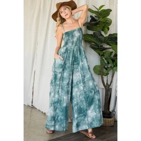 SOLD OUT Green Tie Dye Wide Palazzo Flare Leg Smocked Bohemian Casual Jumpsuit - Picture 3 of 13
